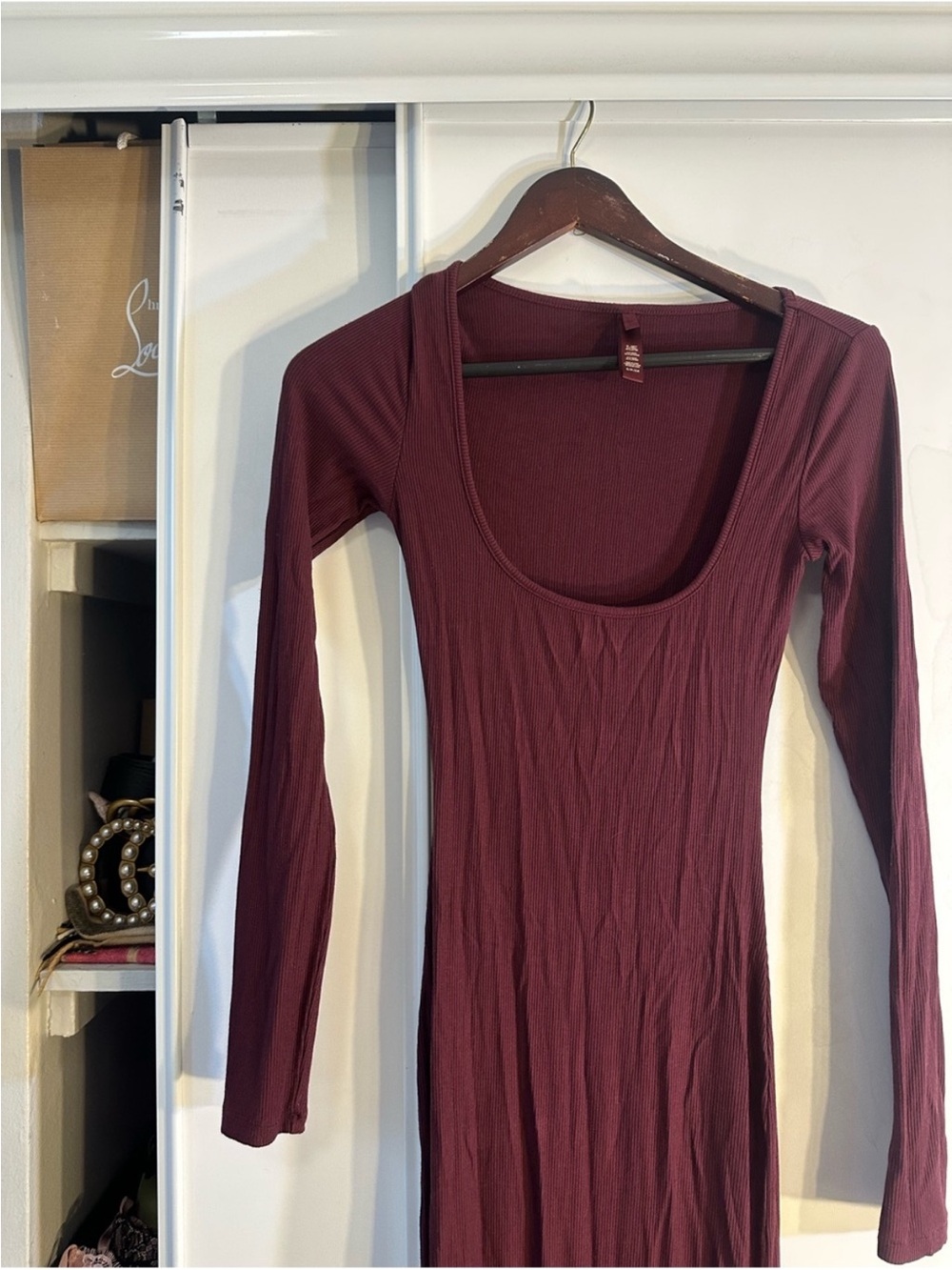 SKIMS Long Sleeve Scoop Neck Bodycon Dress - Burgundy